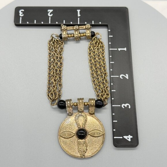 Vintage Egyptian Revival Gold Tone Chain Statement Brooch Pin Black Cabochons - Picture 11 of 14